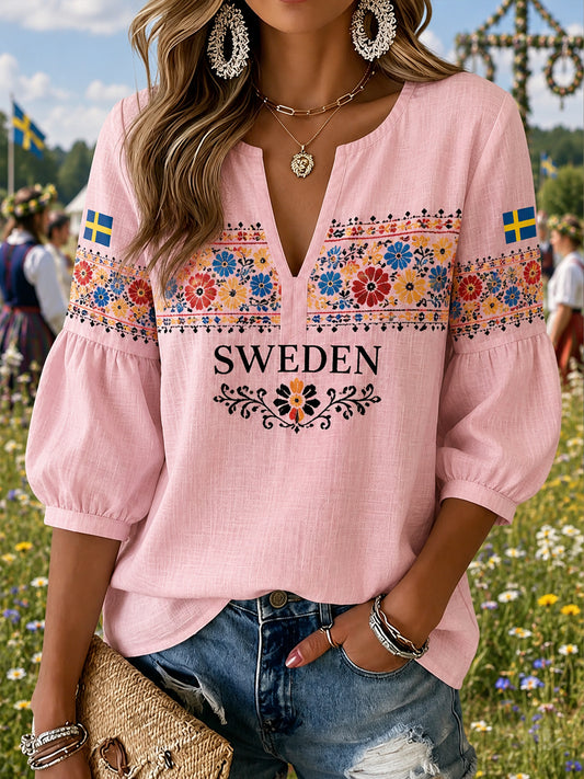 Dammens svenska midsommarminneskonsttryck V-ringad topp