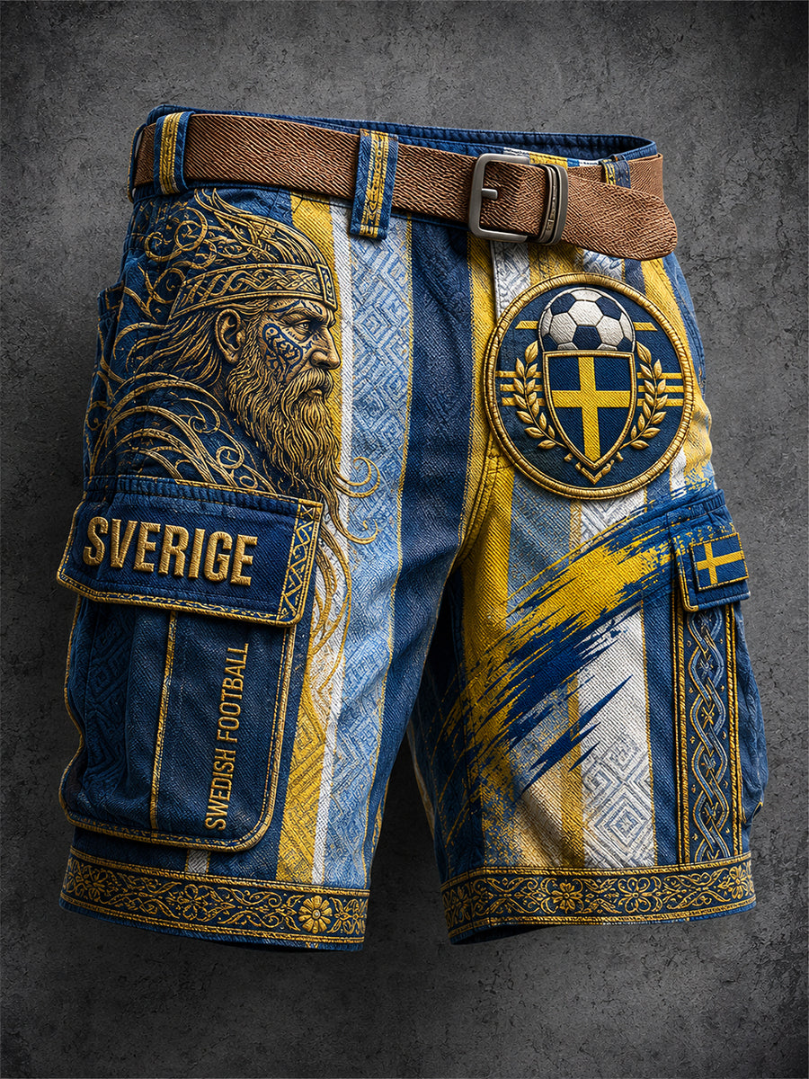 Retro svensk fotbollsfanart-print avslappnade arbetsshorts