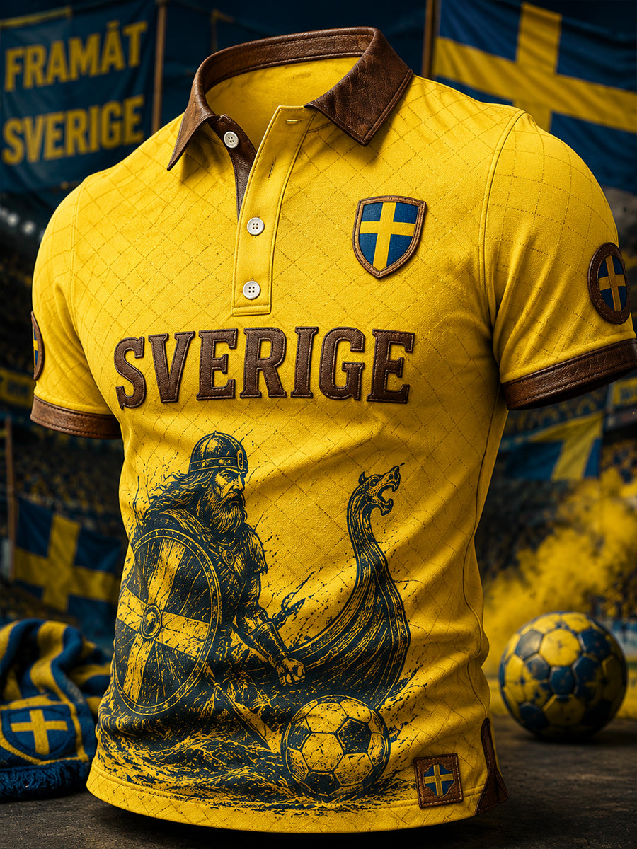 Herrpolotröja med vikingafotbollsmotiv och korta ärmar