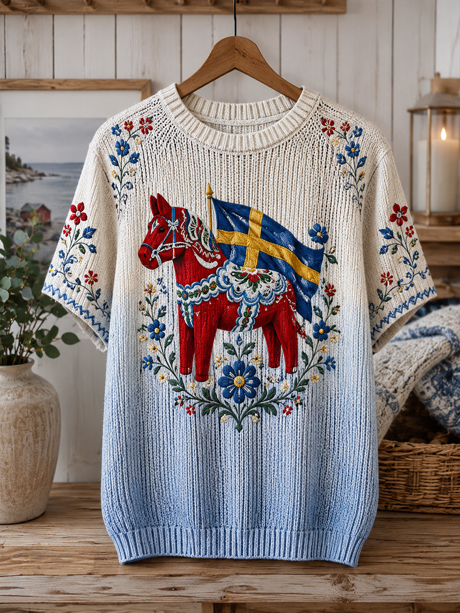 Dammens midsommartröja i stickat tyg med blommönster och korta ärmar