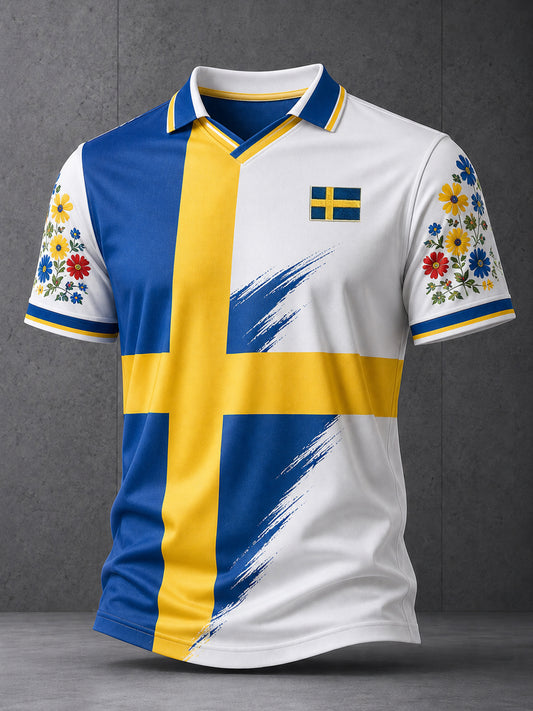 Herrtröja med V-ringning och konsttryck till minne av midsommardagen i Sverige