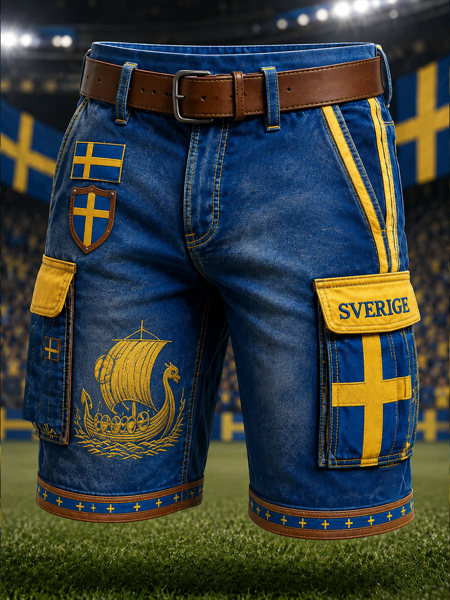 Herrliga vikingafotbollstryckade korta cargobyxor i denim