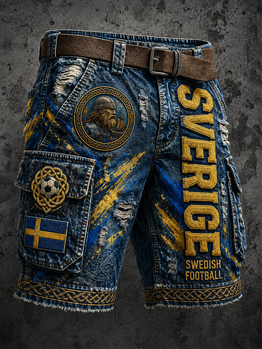 Retro svensk fotbollsfanart-print avslappnade arbetsshorts