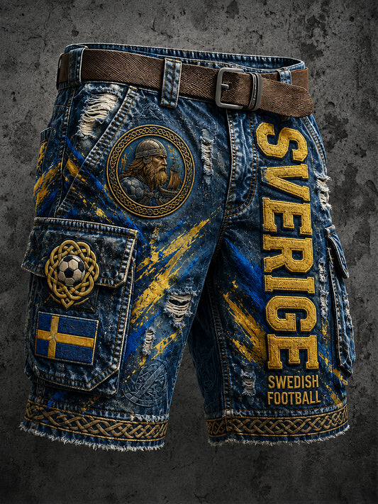 Retro svensk fotbollsfanart-print avslappnade arbetsshorts