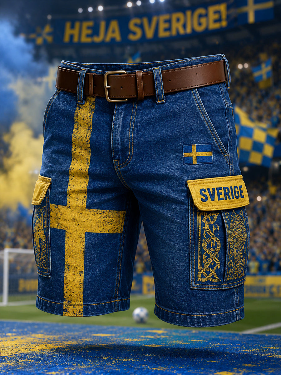 Herrliga vikingafotbollstryckade korta cargobyxor i denim