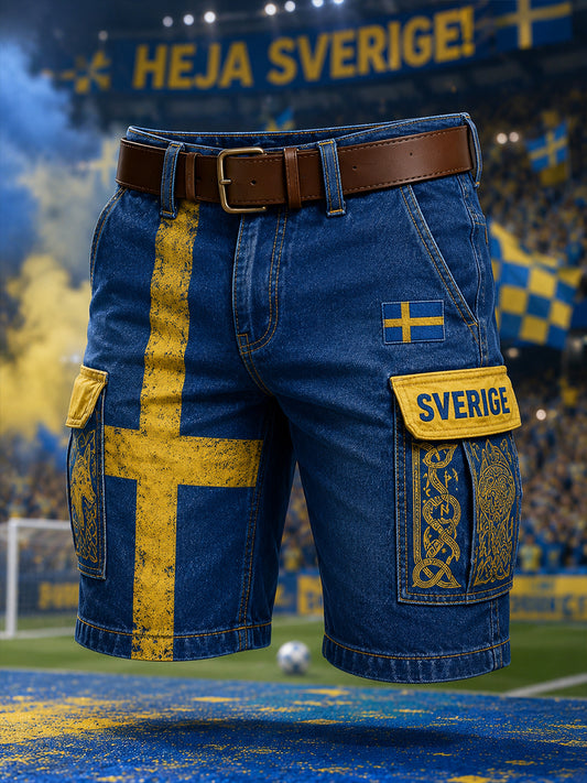 Herrliga vikingafotbollstryckade korta cargobyxor i denim