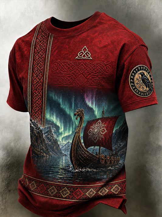 Herrerens retro t-skjorte i nordisk stil med norsk kunsttrykk