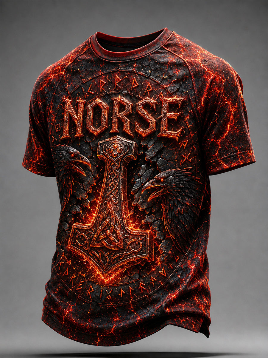 Herrerens retro t-skjorte i nordisk stil med norsk kunsttrykk