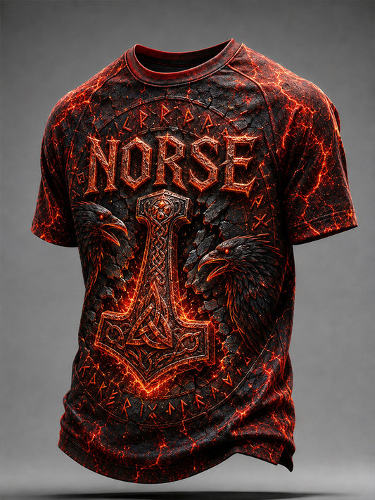 Herrerens retro t-skjorte i nordisk stil med norsk kunsttrykk