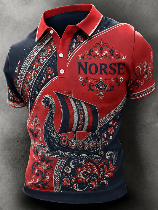 Menns retro nordisk stil norsk kunsttrykk avslappet poloskjorte