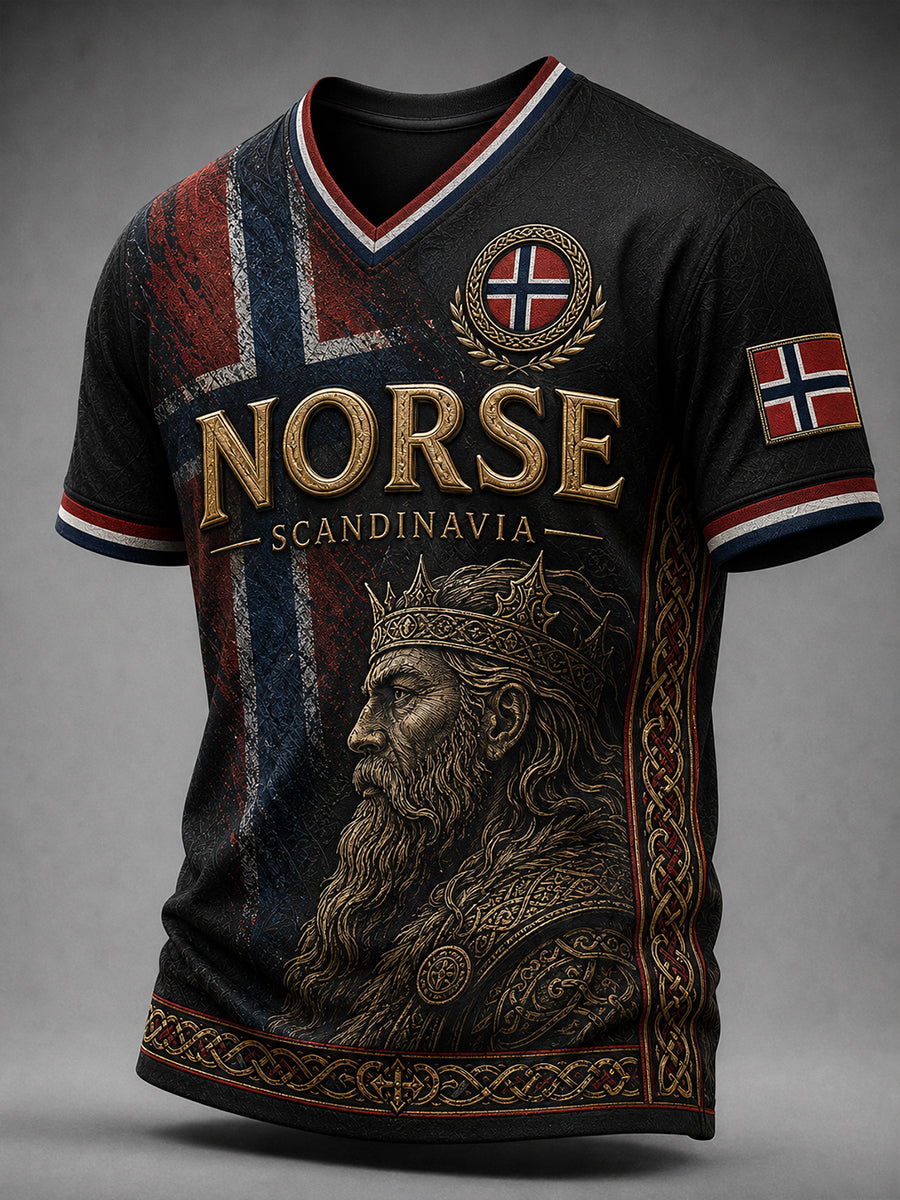 Herrerens retro t-skjorte i nordisk stil med norsk kunsttrykk