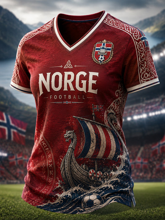 Damegenser med vikingmotiv og V-utringning, casual stil, kort erme