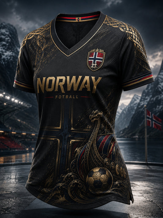 Damegenser med vikingmotiv og V-utringning, casual stil, kort erme
