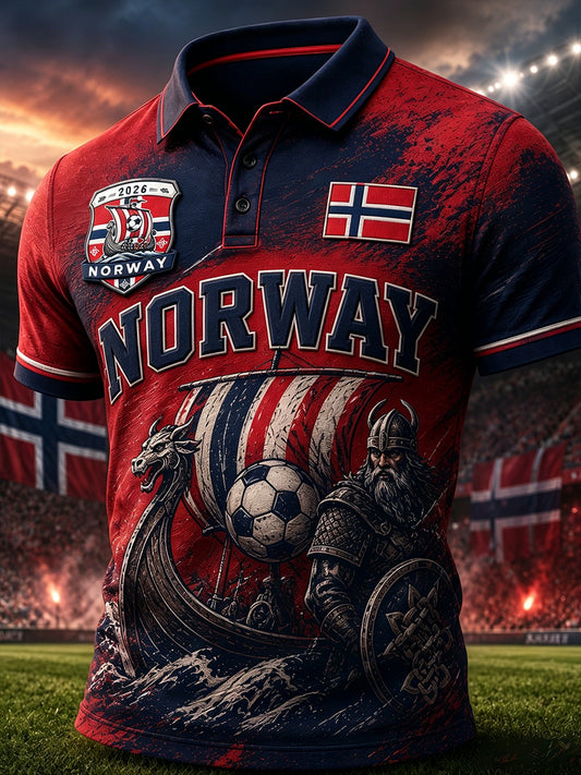 Herrepolo med vikingmotiv og fotballtrykk, avslappet t-skjorte med korte ermer