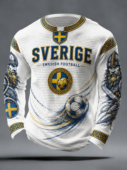 Herrar Retro svensk fotbollssupporterkonsttryck avslappnad vafleruksweater