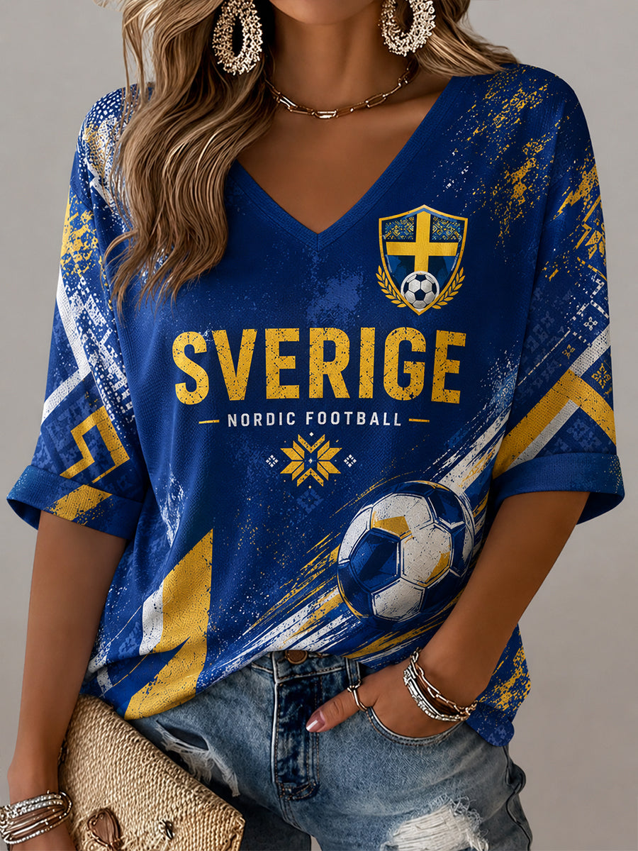 Dammens retro svensk fotbollssupporterkonsttryck avslappnad topp