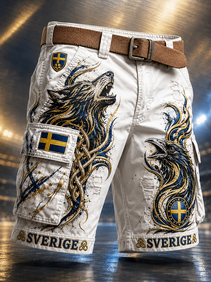 Retrodammskott för män med svensk fotbollssupporterkonst – avslappnade shorts