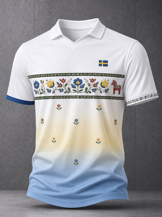 Herrtröja med V-ringning och konsttryck till minne av midsommardagen i Sverige