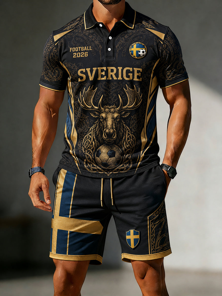 Herrset med retrovikingafotbollsmotiv – pikétröja med korta ärmar