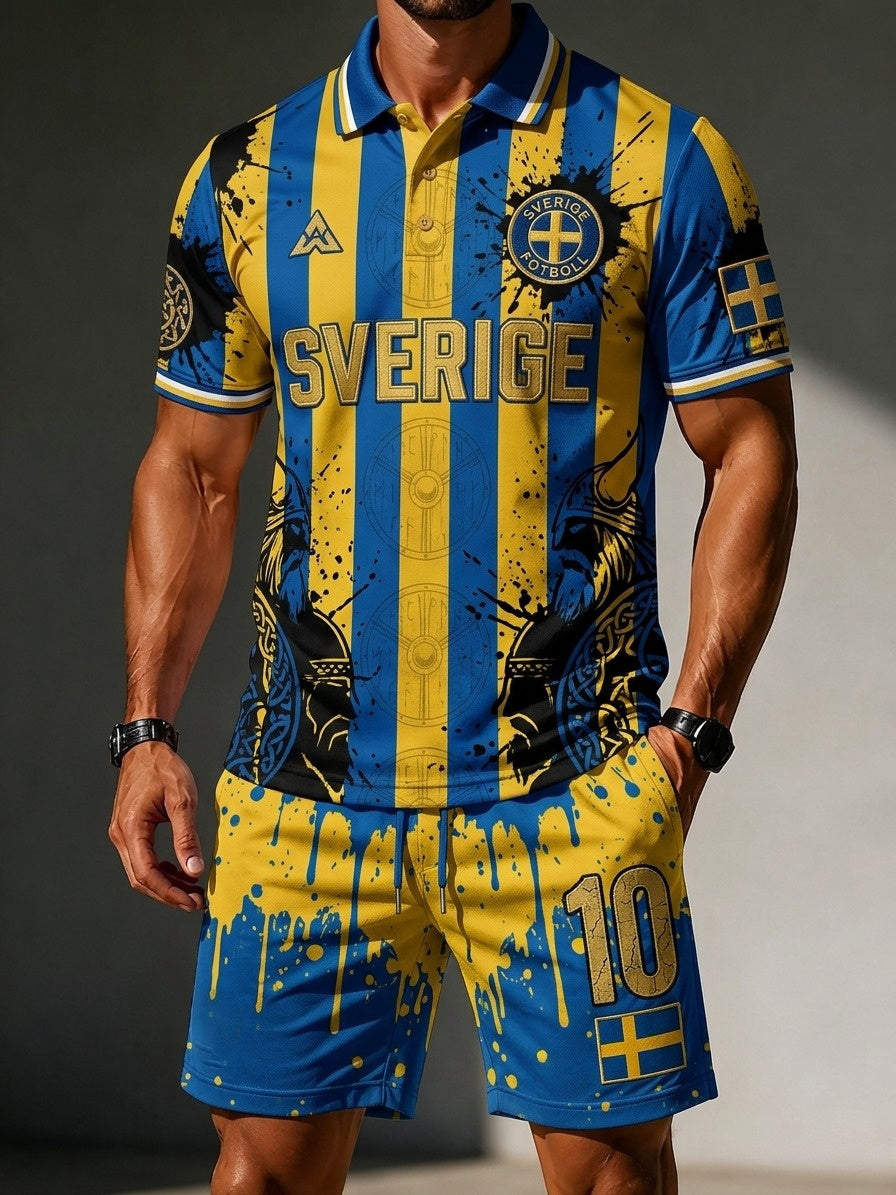 Herrretro Sverige fotbollsläkare 2026 tryckt avslappnat polotröja- och shortsset