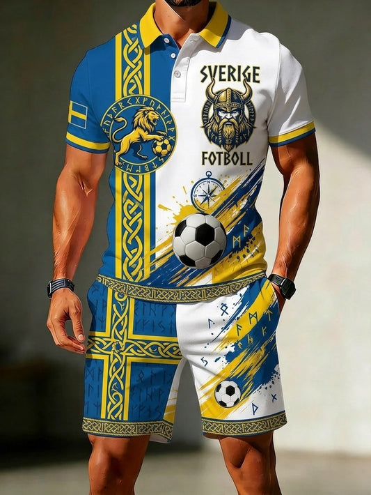 Herrretro Sverige fotbollsläkare 2026 tryckt avslappnat polotröja- och shortsset
