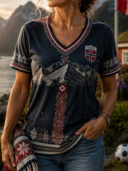 Kvinners retro norsk fjellmotiv hverdags-T-skjorte med V-utringning