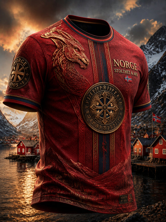 Retro norsk tribaltrykk lappeteppe avslappet t-skjorte
