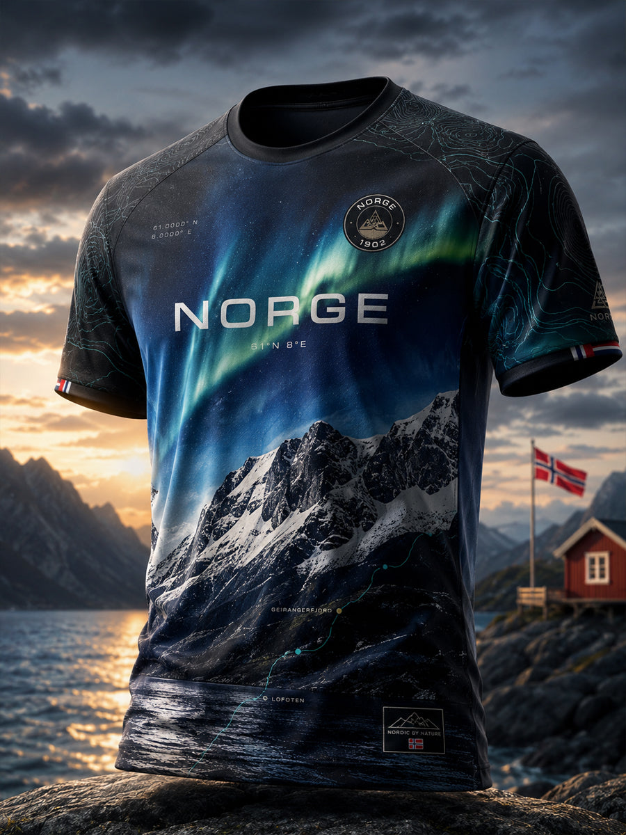 Retro norsk snøfjell- og nordlys-kunst-luksust-skjorte