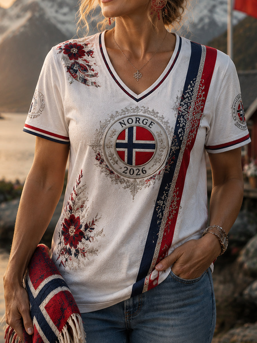 Kvinners retro norske blomstermotiv kunst avslappet V-udringet t-skjorte