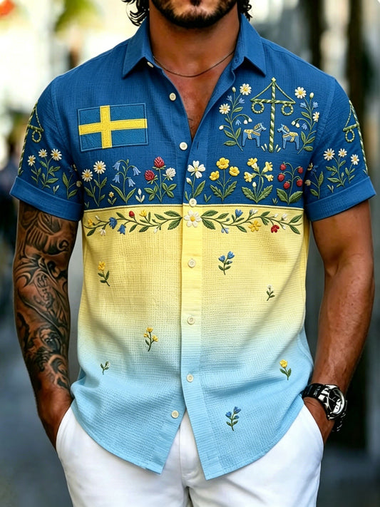 Herrskjorta med konsttryck i svensk midsommarstil, våffelmönstrad, kortärmad