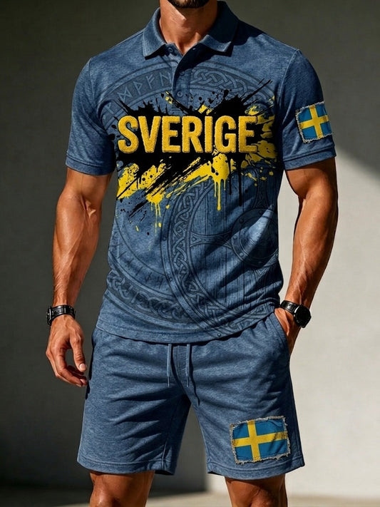 Herrset med retrodesign: svensk fotbollsentusiast 2026 – tryckt polo och shorts för vardagsbruk