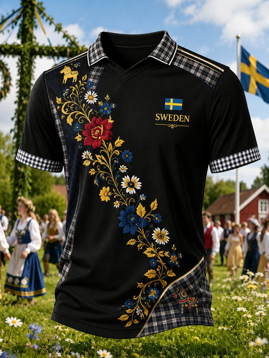Herrtröja med V-ringning och konsttryck till minne av midsommardagen i Sverige