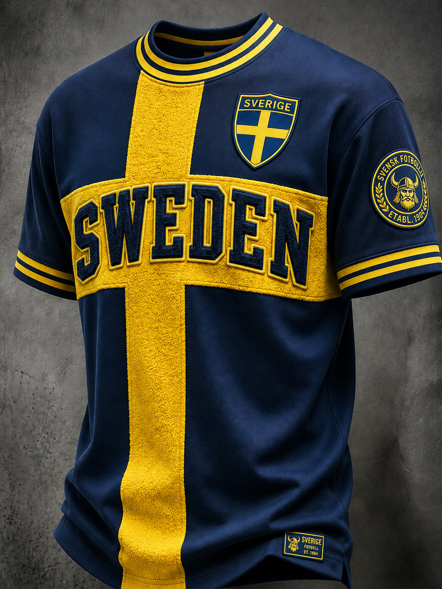 Retro svensk fotbollsfan-konsttryck avslappnad t-shirt