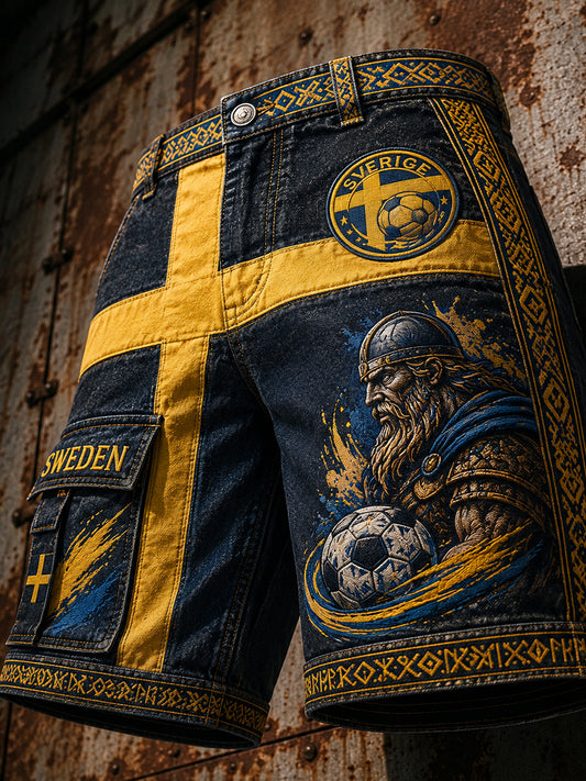 Retro svensk fotbollsfan-konsttryck avslappnade shorts