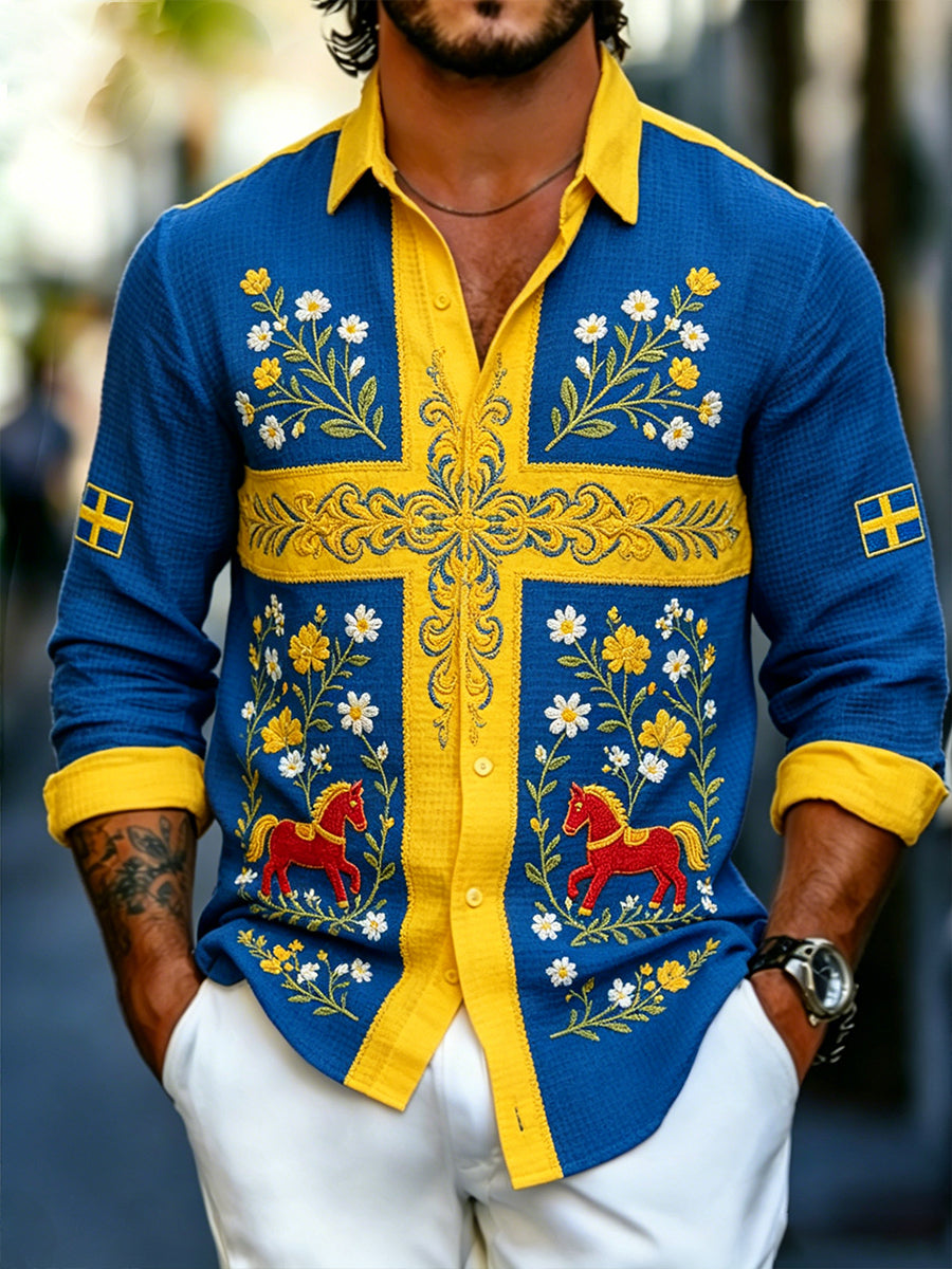 Manskläder Midsommarblommigt mönster Långärmad waffelklänning Texturerad skjorta