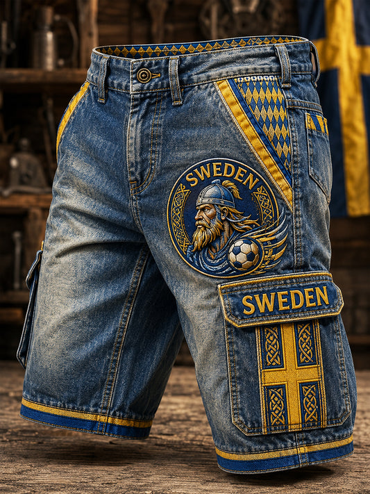 Retro svensk fotbollsfan-konsttryck avslappnade shorts