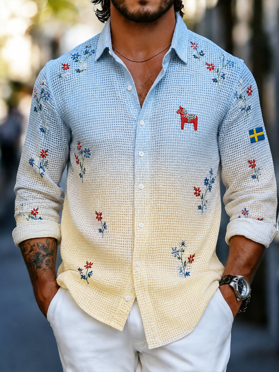 Manskläder Midsommarblommigt mönster Långärmad waffelklänning Texturerad skjorta