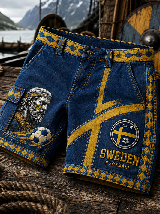 Retro svensk fotbollsfan-konsttryck avslappnade shorts