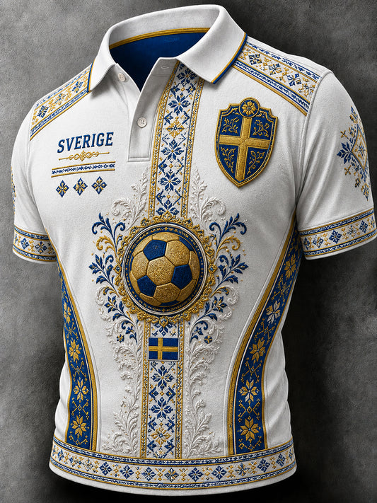Retro svensk fotbollsfanart-print avslappnad pikétröja