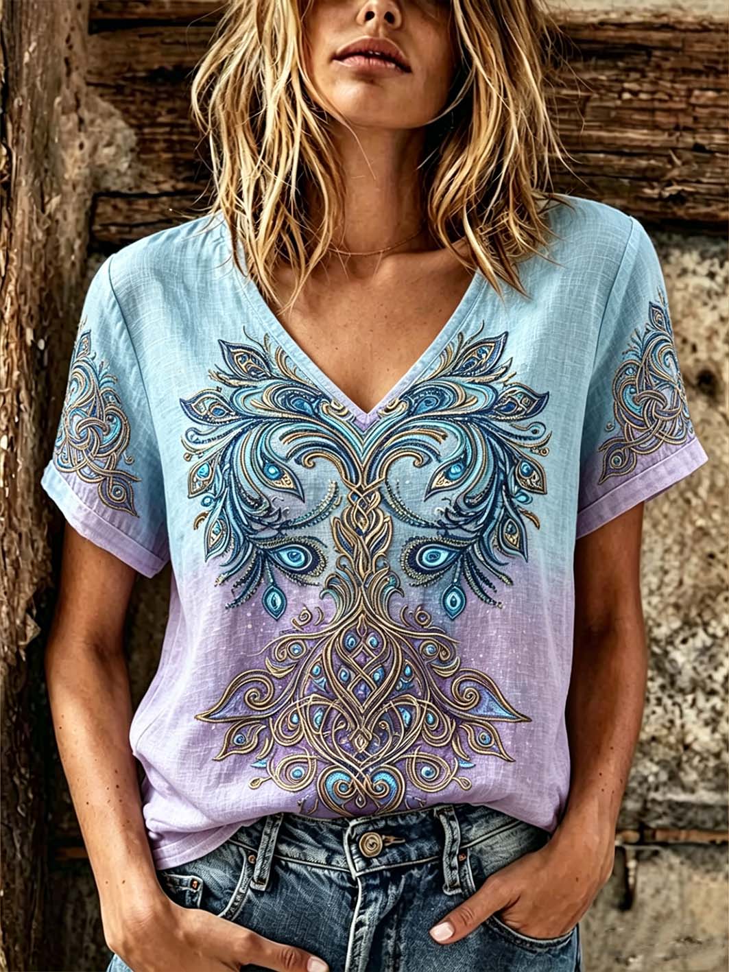 Dammens retro nordisk mytologisk vikingamönstrad linnet-shirt med korta ärmar