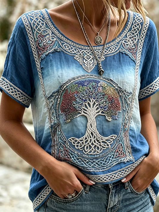 Kvinnlig vikingisk livets träd keltiskt mönster linne t-shirt med korta ärmarna