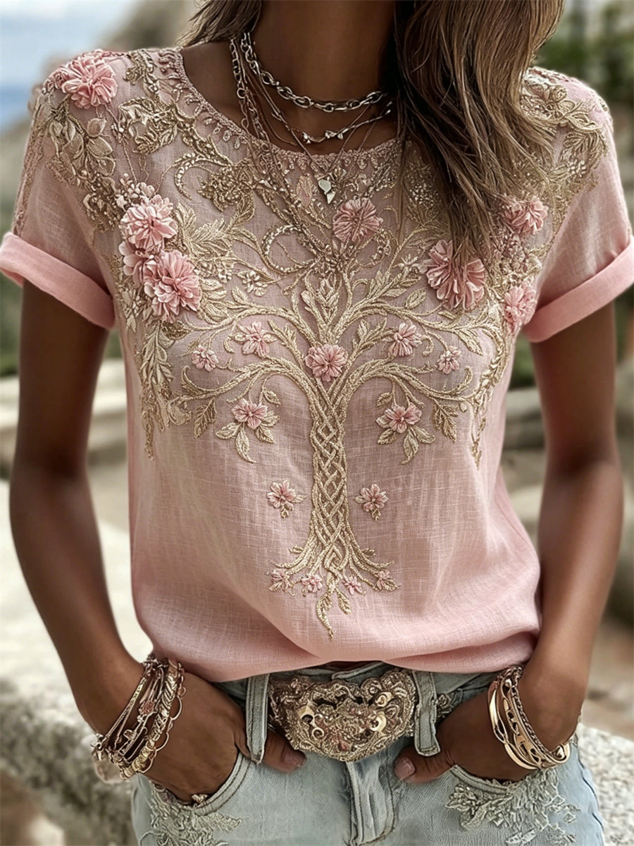 Damer Elegant rosa blommig Livets träd keltiskt mönster linne t-shirt med korta ärmar
