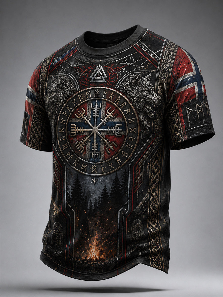 Retro nordisk norsk vikingkunsttrykk avslappet t-skjorte