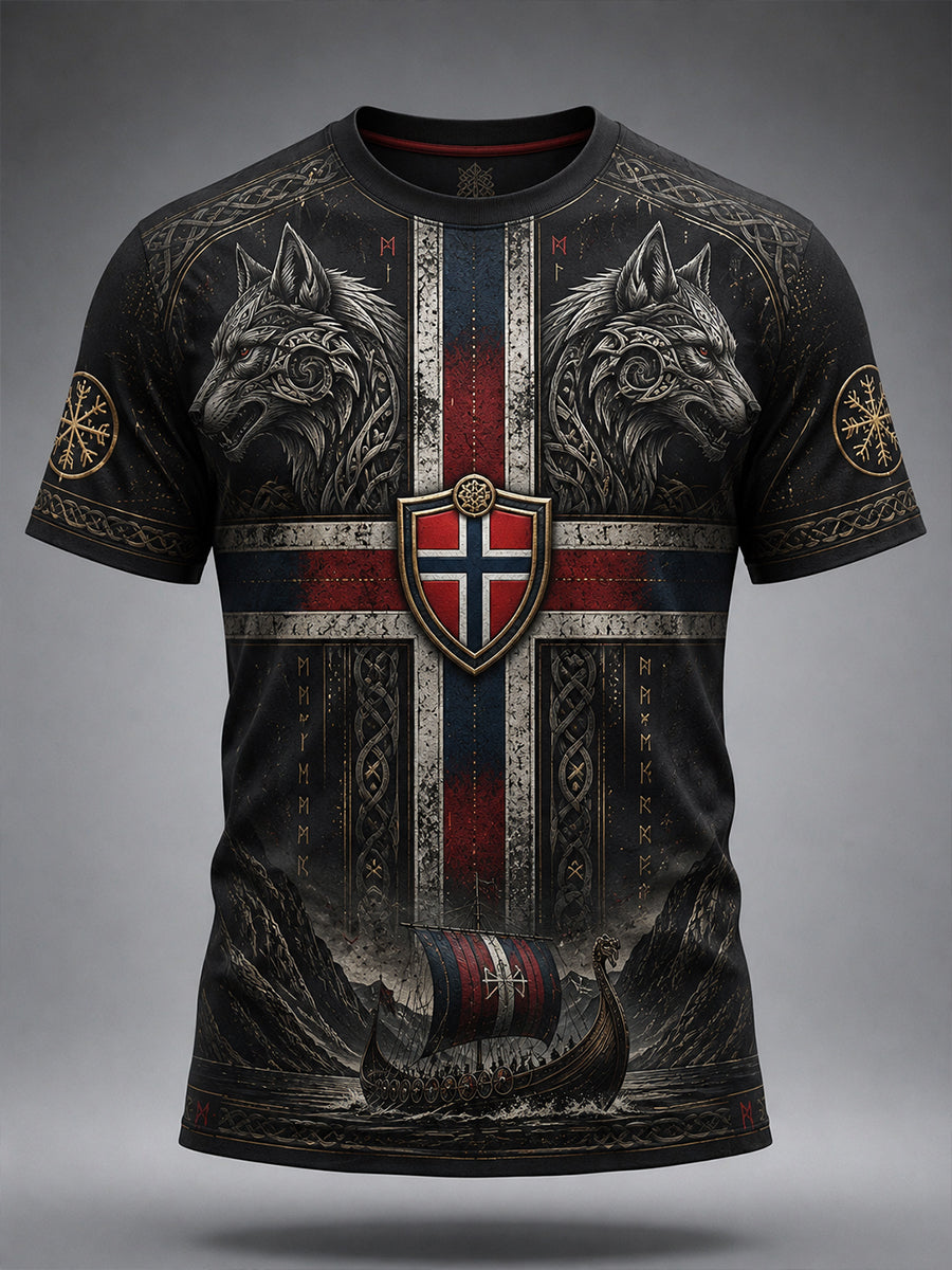 Retro nordisk norsk vikingkunsttrykk avslappet t-skjorte