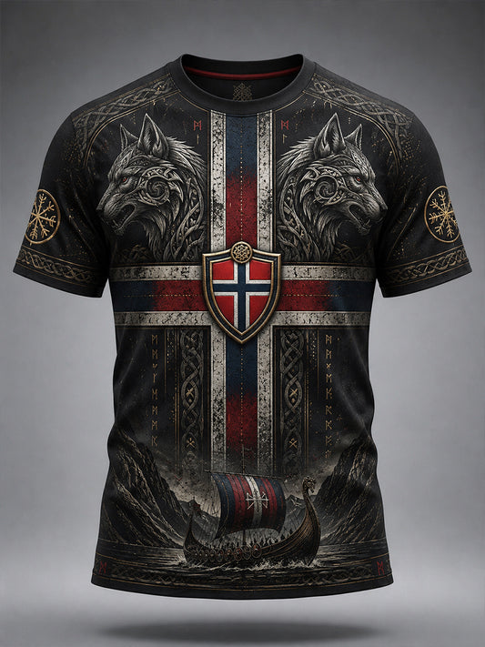 Retro nordisk norsk vikingkunsttrykk avslappet t-skjorte