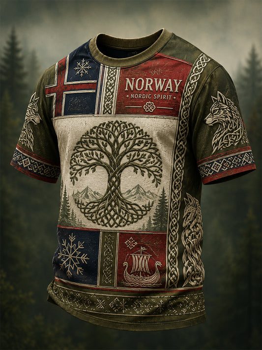 Retro nordisk norsk vikingkunsttrykk avslappet t-skjorte