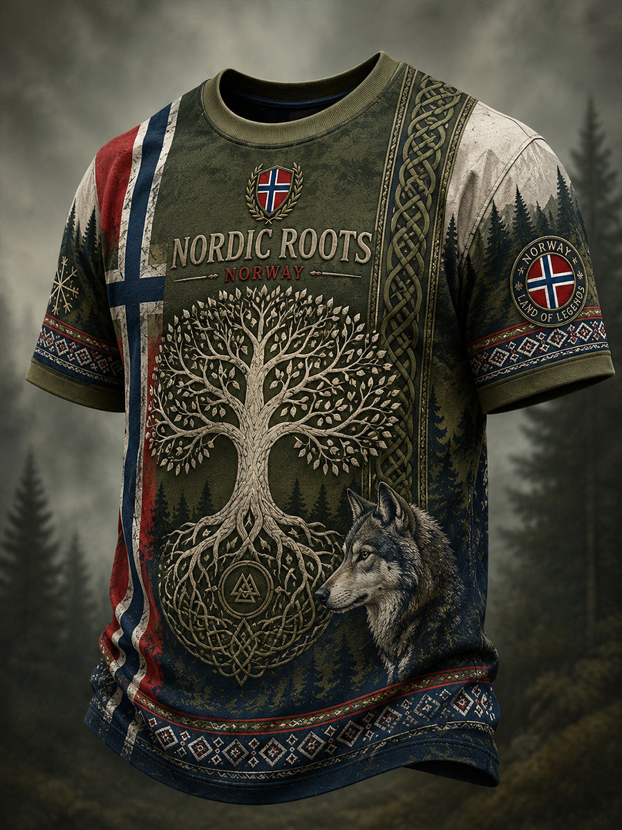 Retro nordisk norsk vikingkunsttrykk avslappet t-skjorte