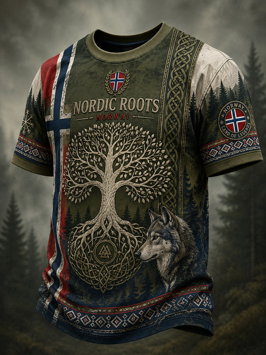Retro nordisk norsk vikingkunsttrykk avslappet t-skjorte