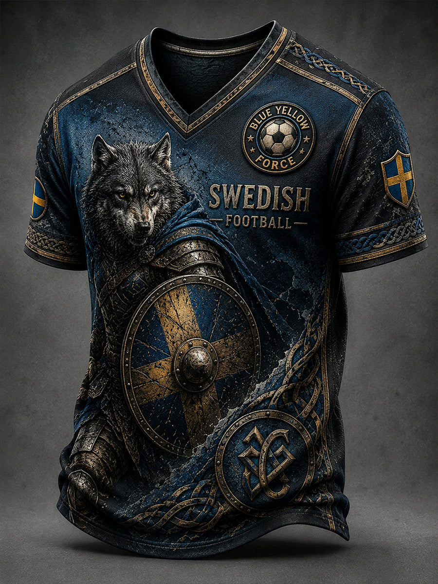 Retro svensk fotbollssupporter som hejar konsttryck avslappnad t-shirt
