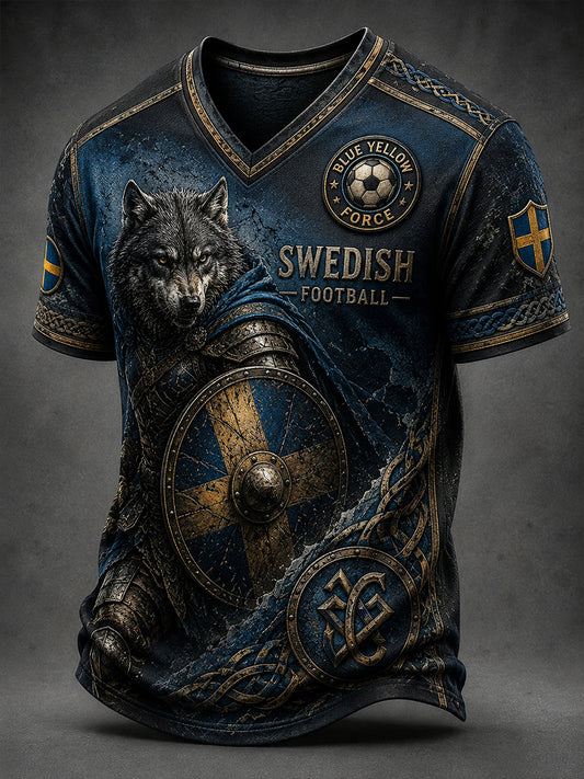 Retro svensk fotbollssupporter som hejar konsttryck avslappnad t-shirt